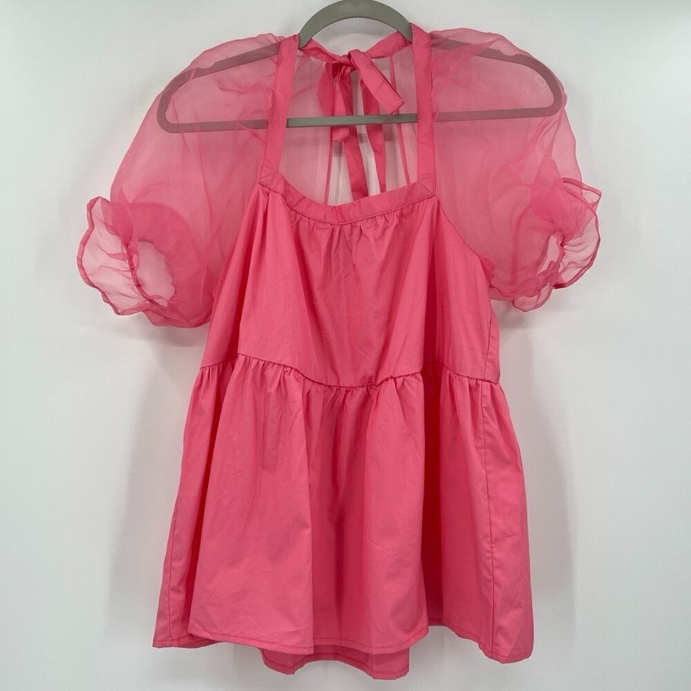NWOT Pomander Place Tuckernuck Pink Tinsley Top Blouse Sheer Puff Sleeve S - Picture 3 of 3